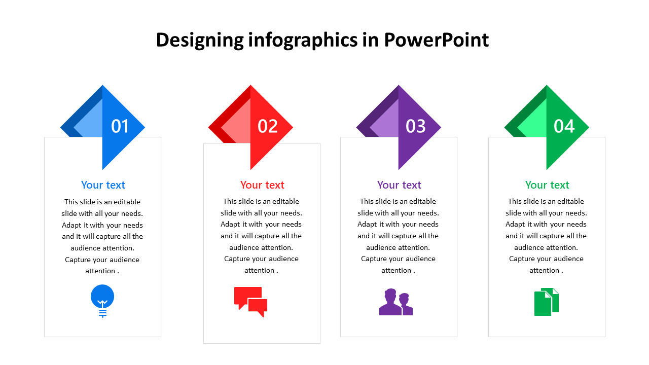 PowerPoint template for designing infographics featuring four sections with colorful icons and placeholder text.