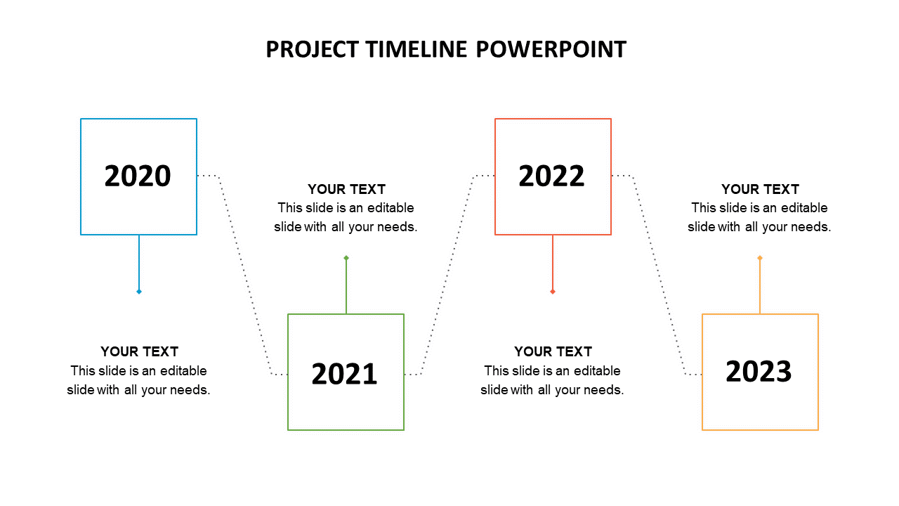 Project timeline PowerPoint slide with four years and text placeholders for each on a white backdrop.