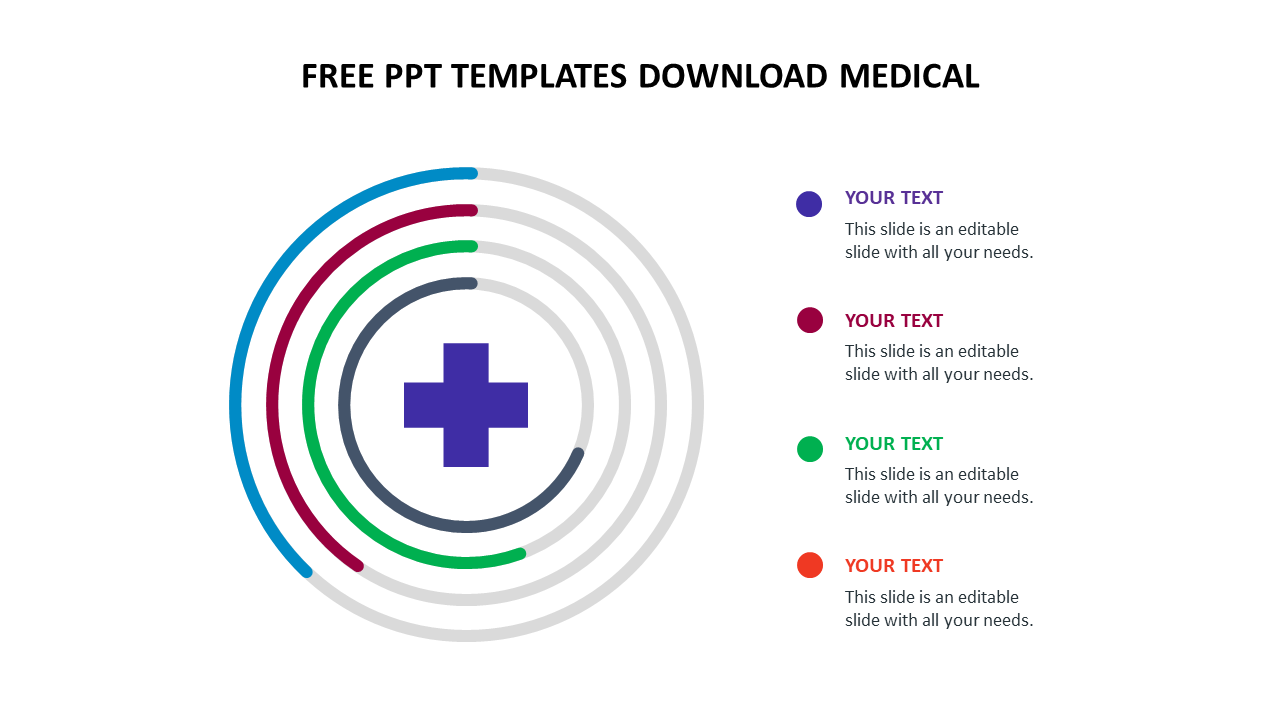 Medical PowerPoint template featuring colored rings and a central medical cross symbol with placeholder text.