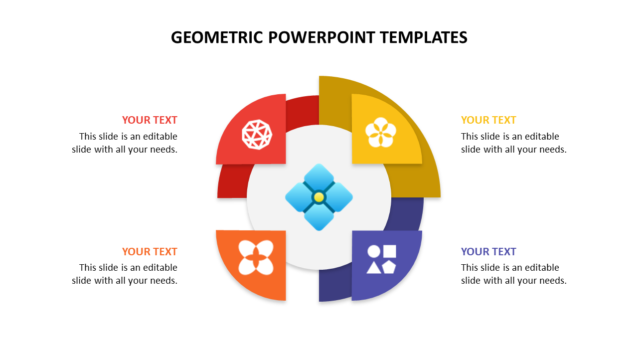Slide displaying a geometric circular diagram with four quadrants in red, yellow, orange, and blue, with captions around it.