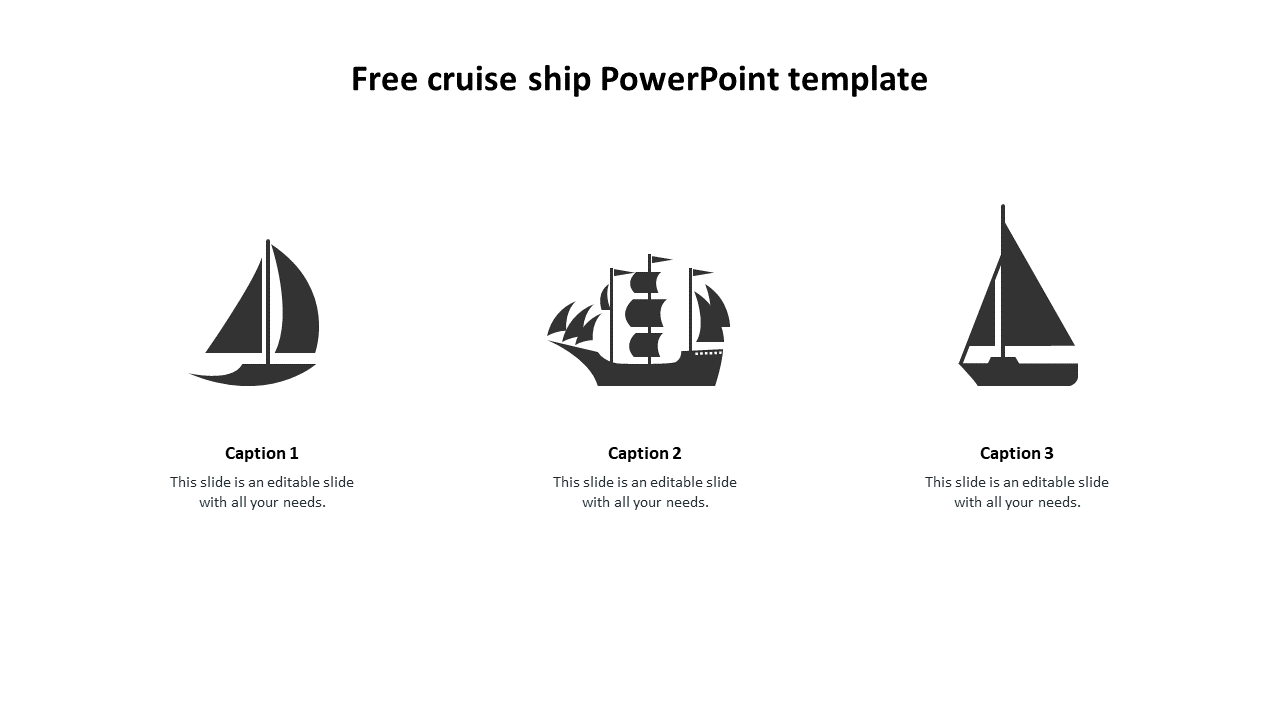 Cruise ship themed slide with three ship illustrations and sections for custom captions.