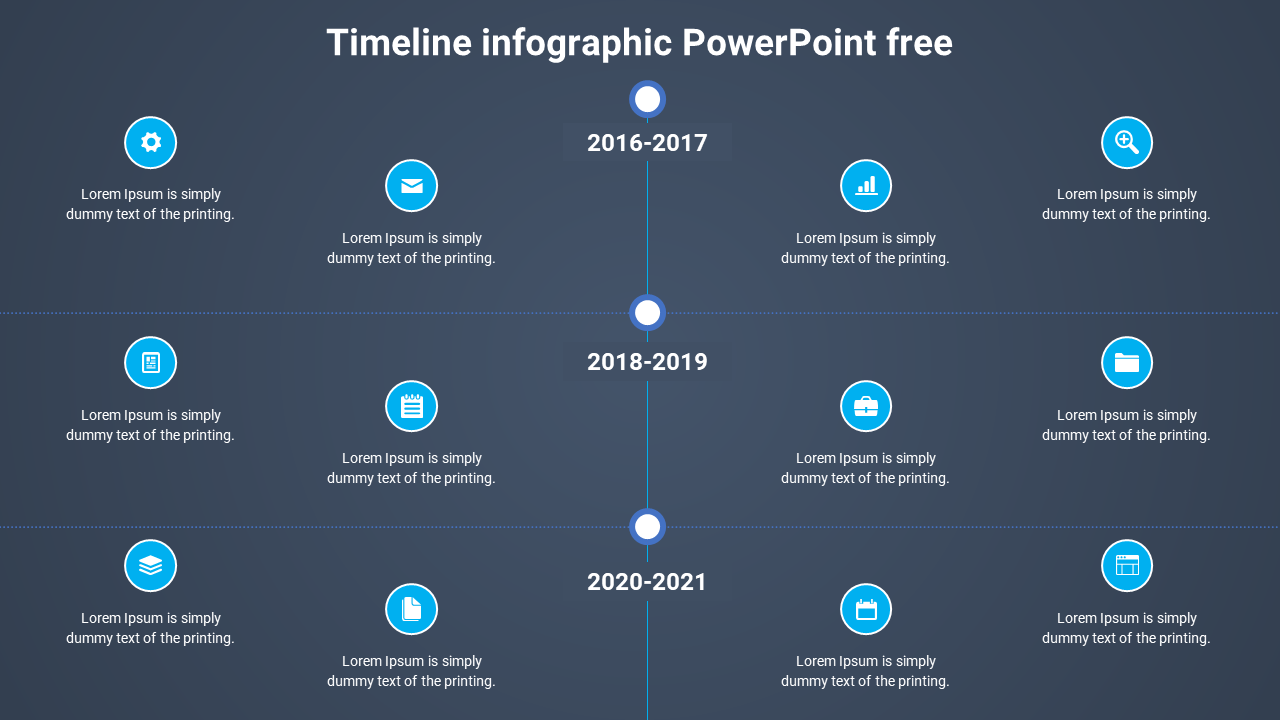 Dark blue infographic with a segmented timeline showing key milestones using icons like gear, mail, chart, and calendar.