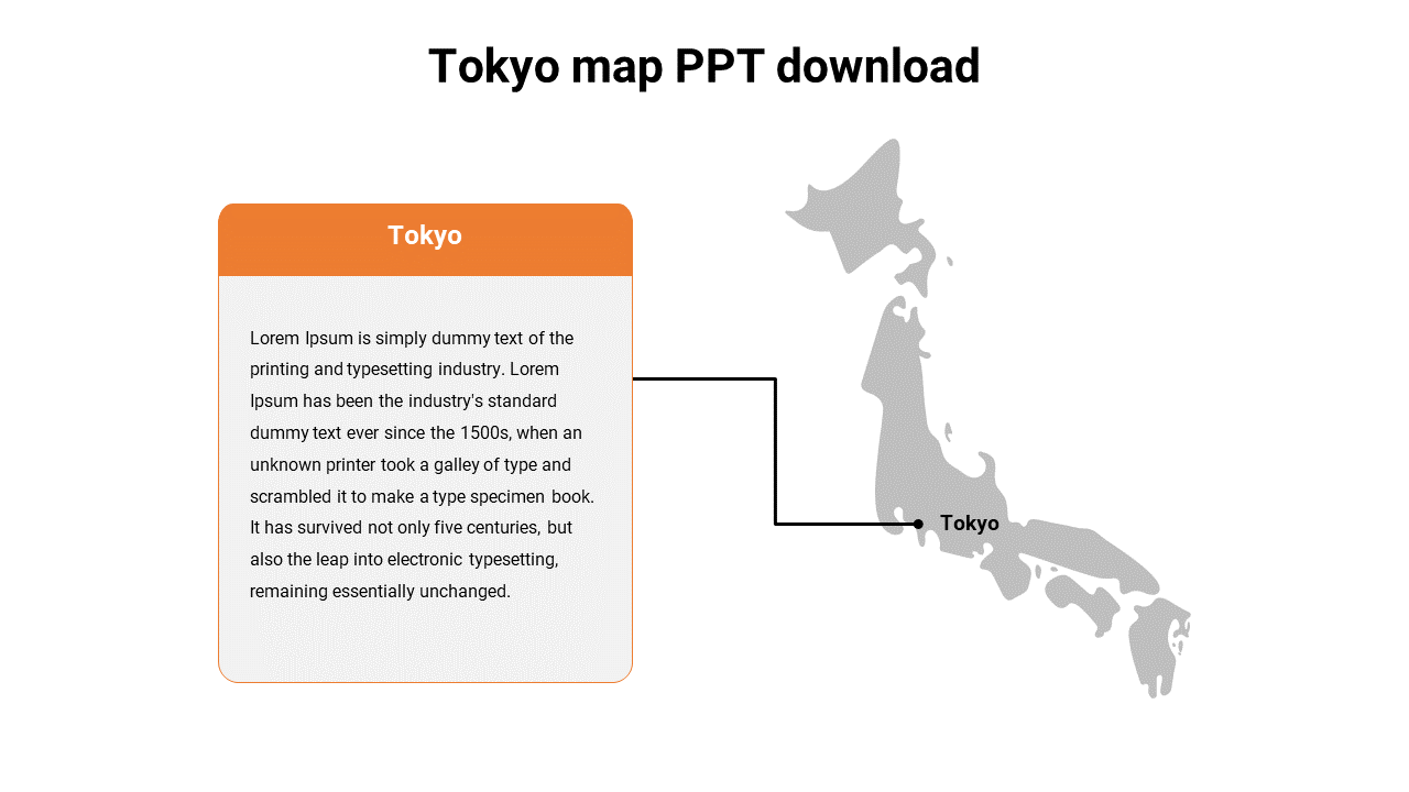 Gray Tokyo map outline linked to a rectangular orange text box, set on a white background.