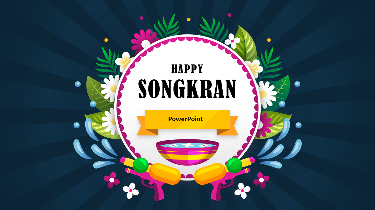 Festive songkran slide showing a decorative design with water guns, flowers, and a water bowl on a dark backdrop.