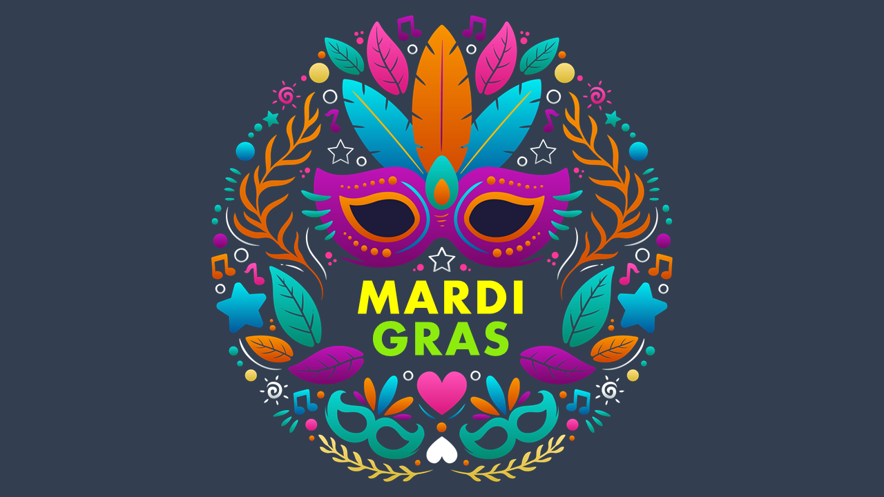 Mardi Gras themed slide featuring a decorative mask and festive elements like music notes and stars.