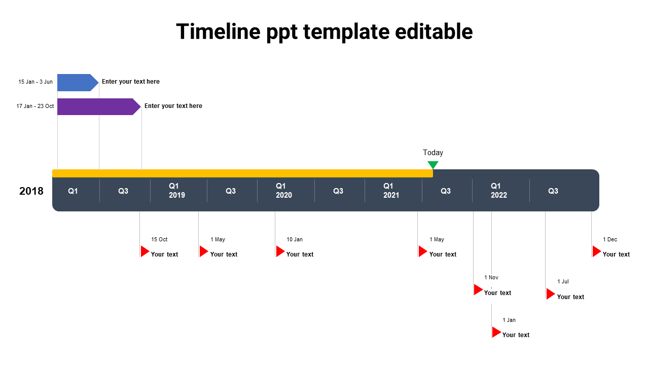 Timeline graphic featuring a dark bar, with yellow progress line, purple and blue task arrows, and red milestone flags.