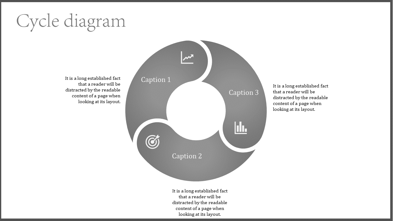 Cycle diagram in gray with three steps labeled from 01 to 03, each with corresponding icons and text.