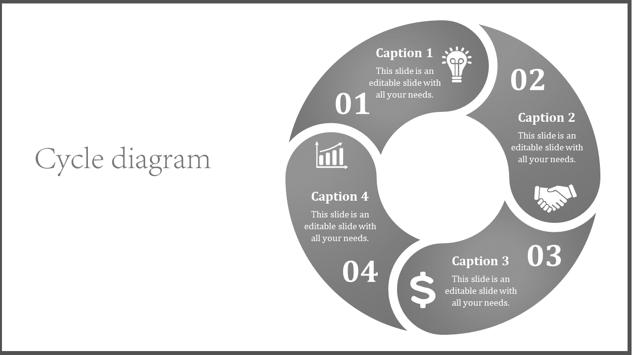 Gray scale cycle diagram slide with four sections, each containing a numbered icon for business processes.