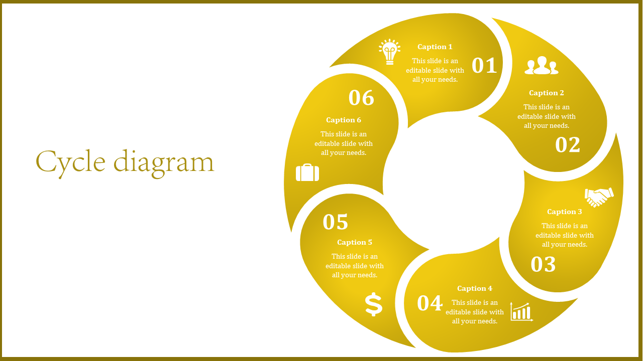 Yellow cycle diagram PowerPoint slide with six options featuring icons for business and planning.