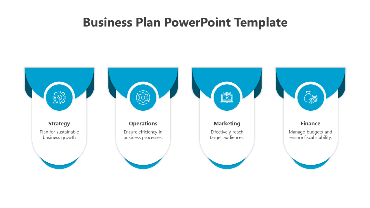 Blue-accented business plan layout showing strategy, operations, marketing, and finance sections with icons and descriptions.