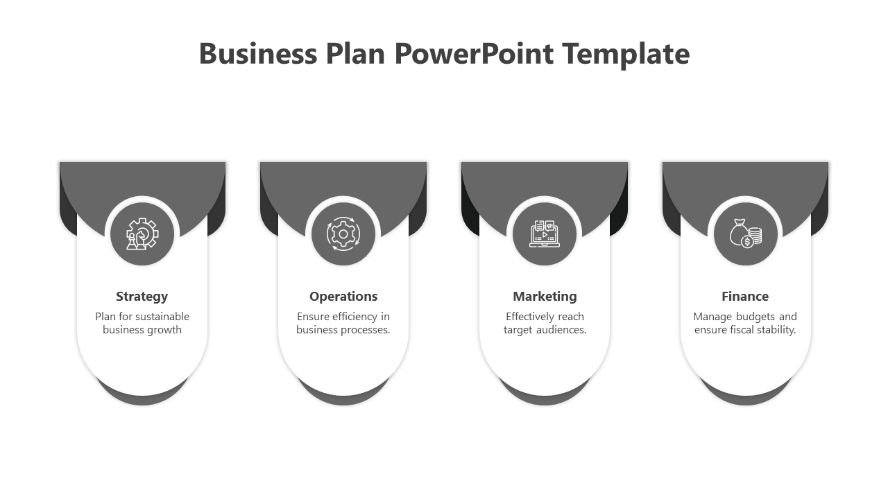 Monochrome business plan template with sections for strategy, operations, marketing, and finance, each featuring icons.