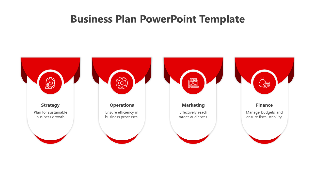 Four red rounded panels with white sections, each featuring an icon and description in a horizontal layout.