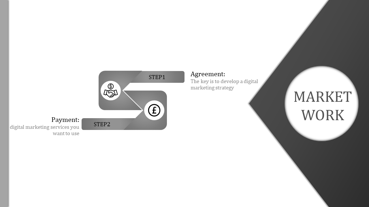Monochrome online digital marketing process slide with two steps agreement and payment with icons.
