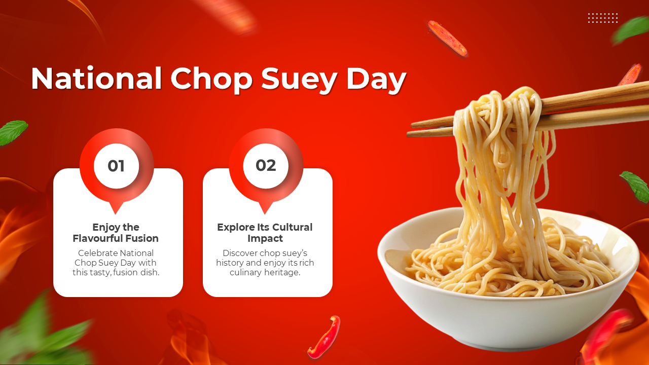 A close up of chop suey noodles being lifted with chopsticks against a red background, highlighting National Chop Suey Day.