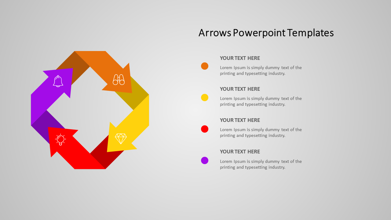 Circular arrow cycle in purple, red, orange, and yellow, featuring icons of a bell, lightbulb, binoculars, and diamond.