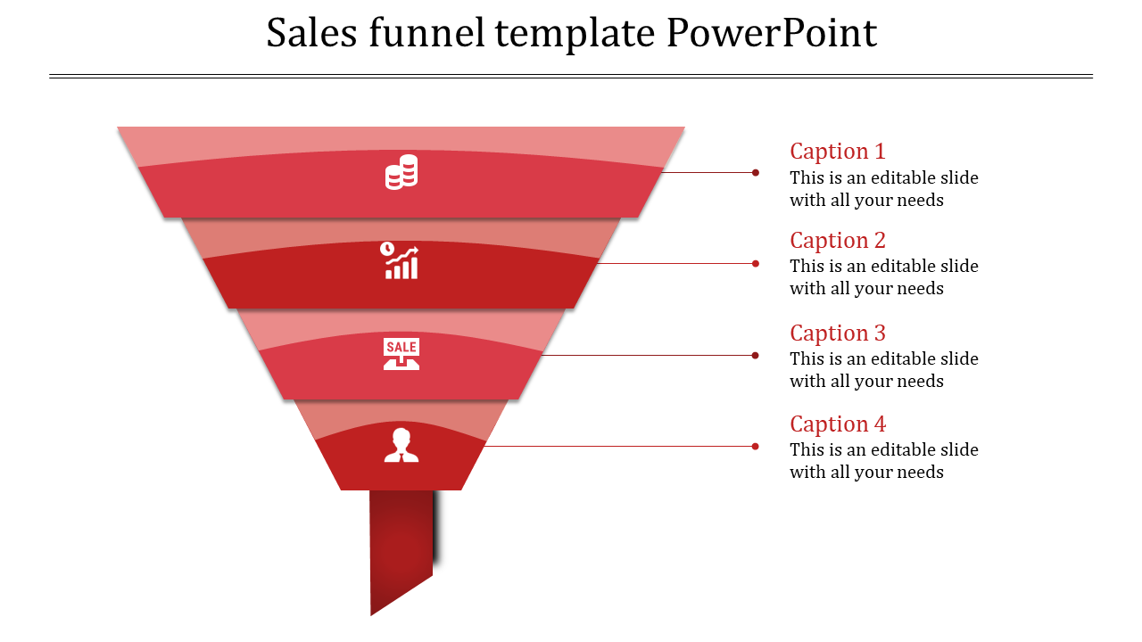Red themed sales funnel PowerPoint template with four levels, each labeled with an icon and captions.