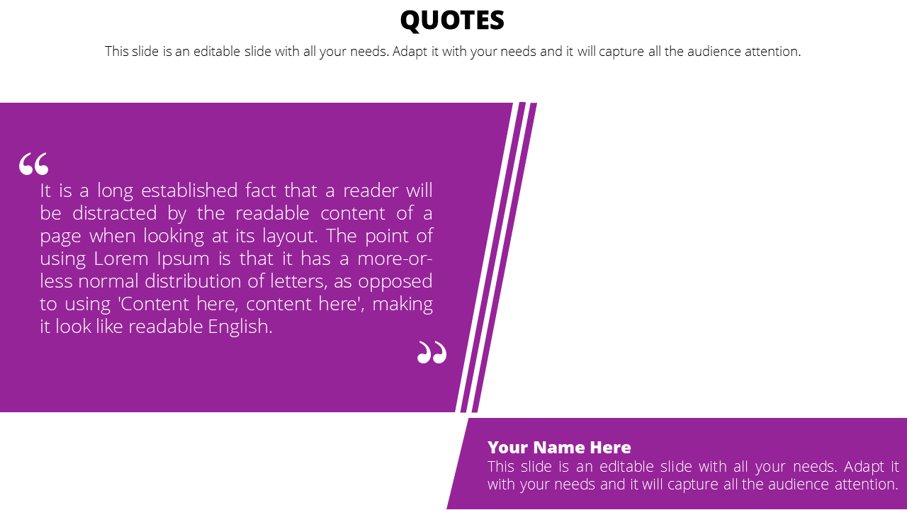 Quote template with a purple design, white quotation marks, and a rectangular name banner at the bottom right.