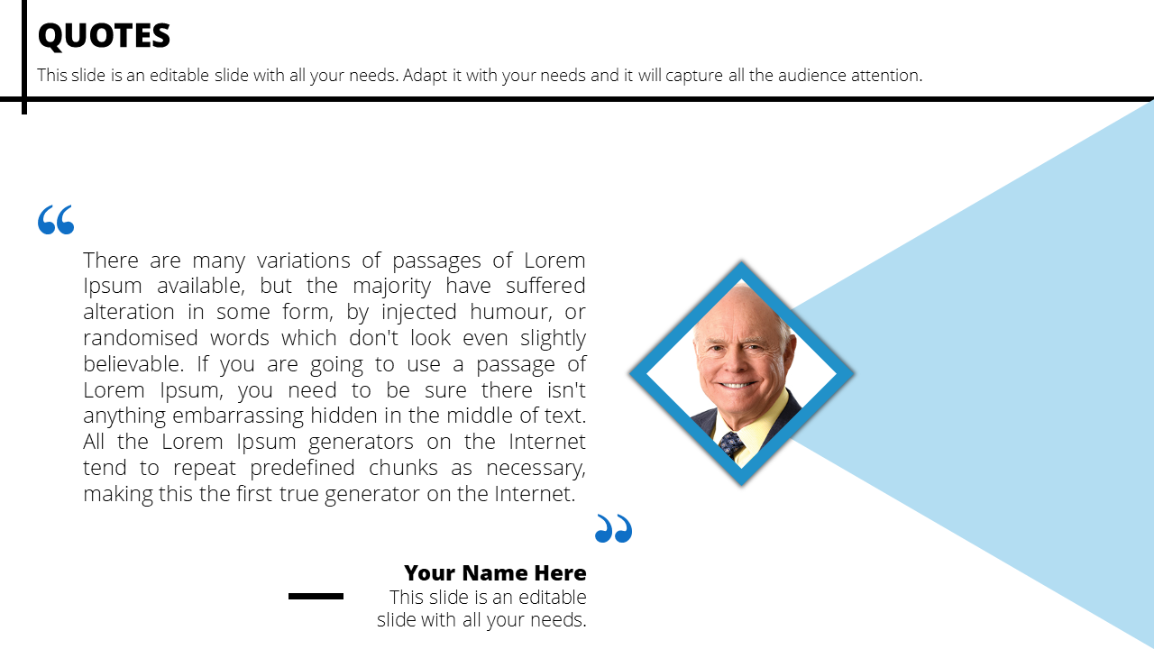 A PowerPoint quote template featuring a blue background and a photo of a speaker with a Lorem Ipsum text quote.