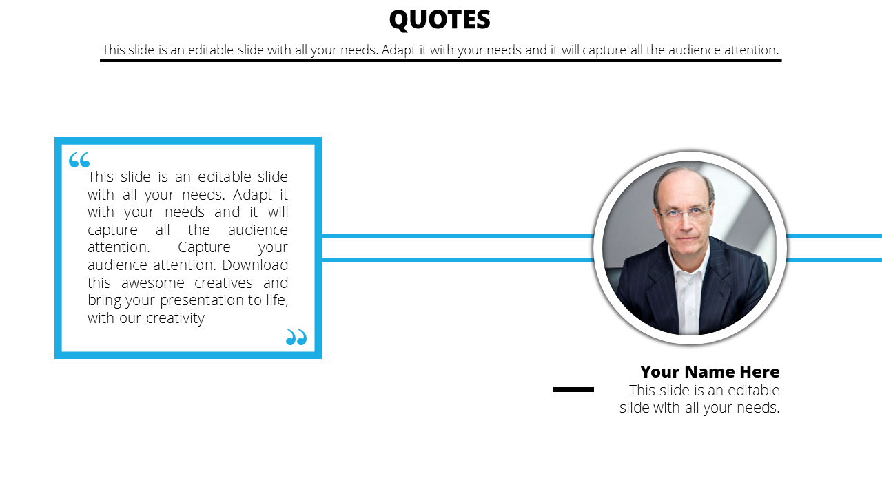 Quote slide with a blue-bordered text box on the left and a circular portrait of a man in a suit on the right.