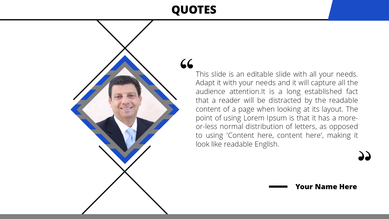 A professional portrait in a blue diamond frame on the left with a quote text block on the right.