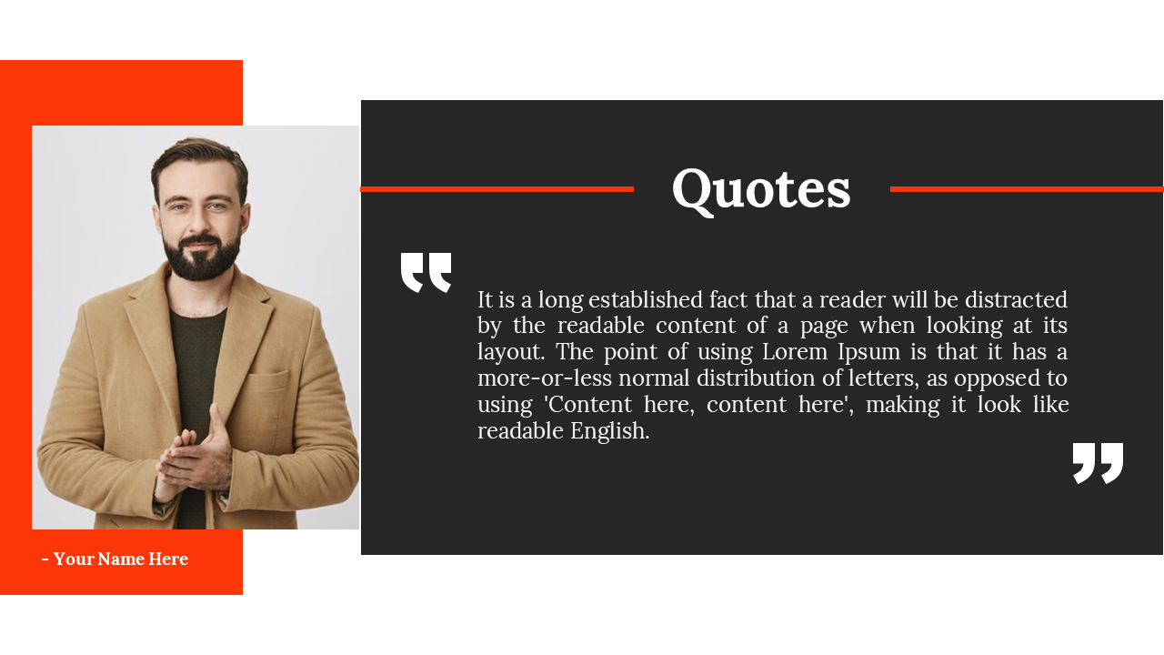A man in a beige blazer on the left, with a black text block featuring quotes on the right, accented with red and white.