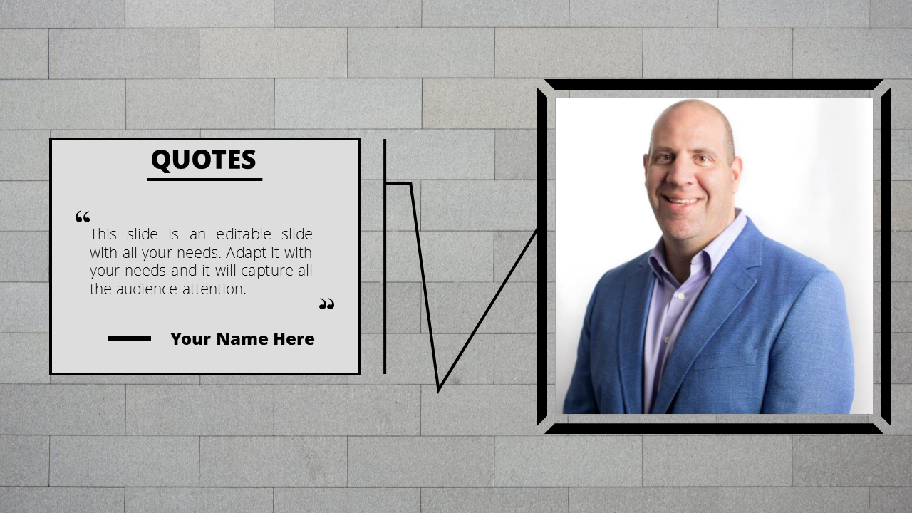 Quote text area on the left and a portrait of a man in a blue blazer, framed against a gray brick wall background.