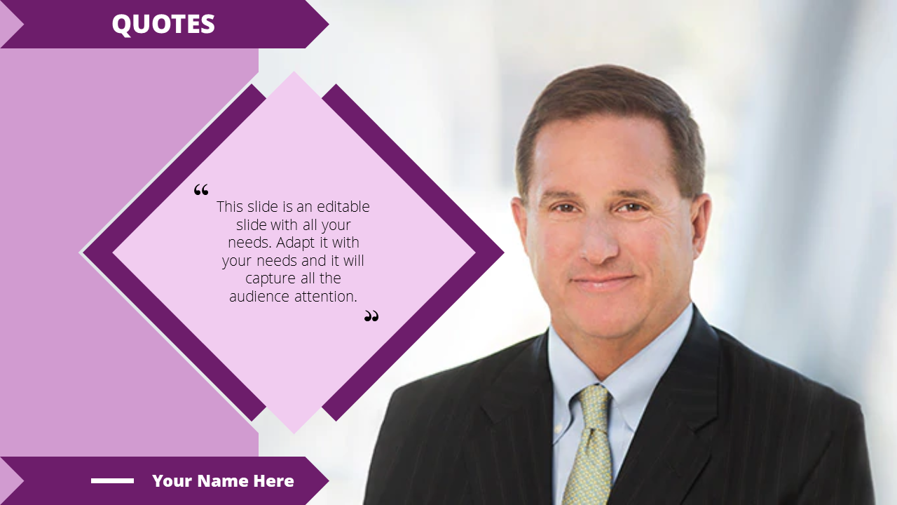 Quote slide with a purple theme, featuring geometric text area on the left, and a professional portrait on the right.