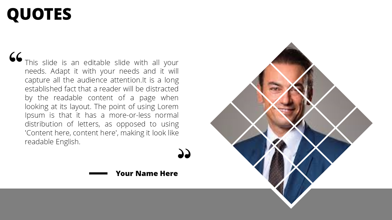 Slide with a photo of a man in a grid pattern, featuring a quote about layout distraction and a space for the speaker’s name.