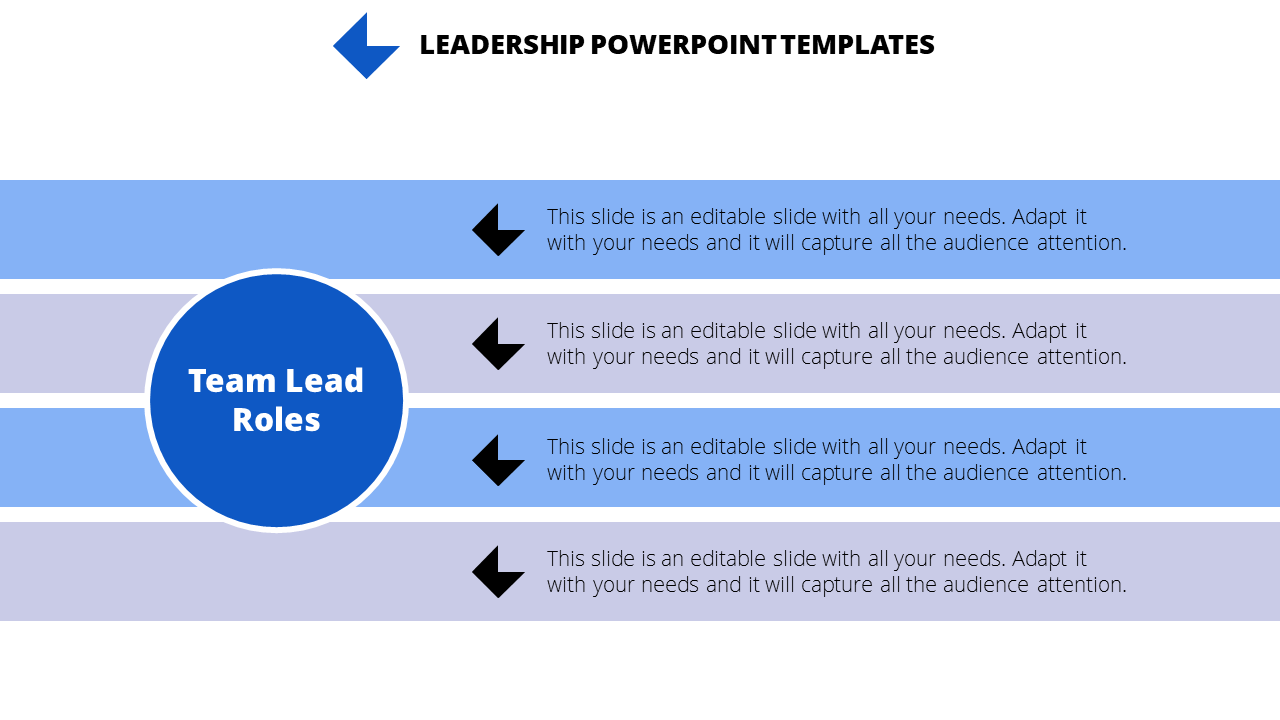 Blue themed slide featuring a circular title and horizontal text rows with black icons.