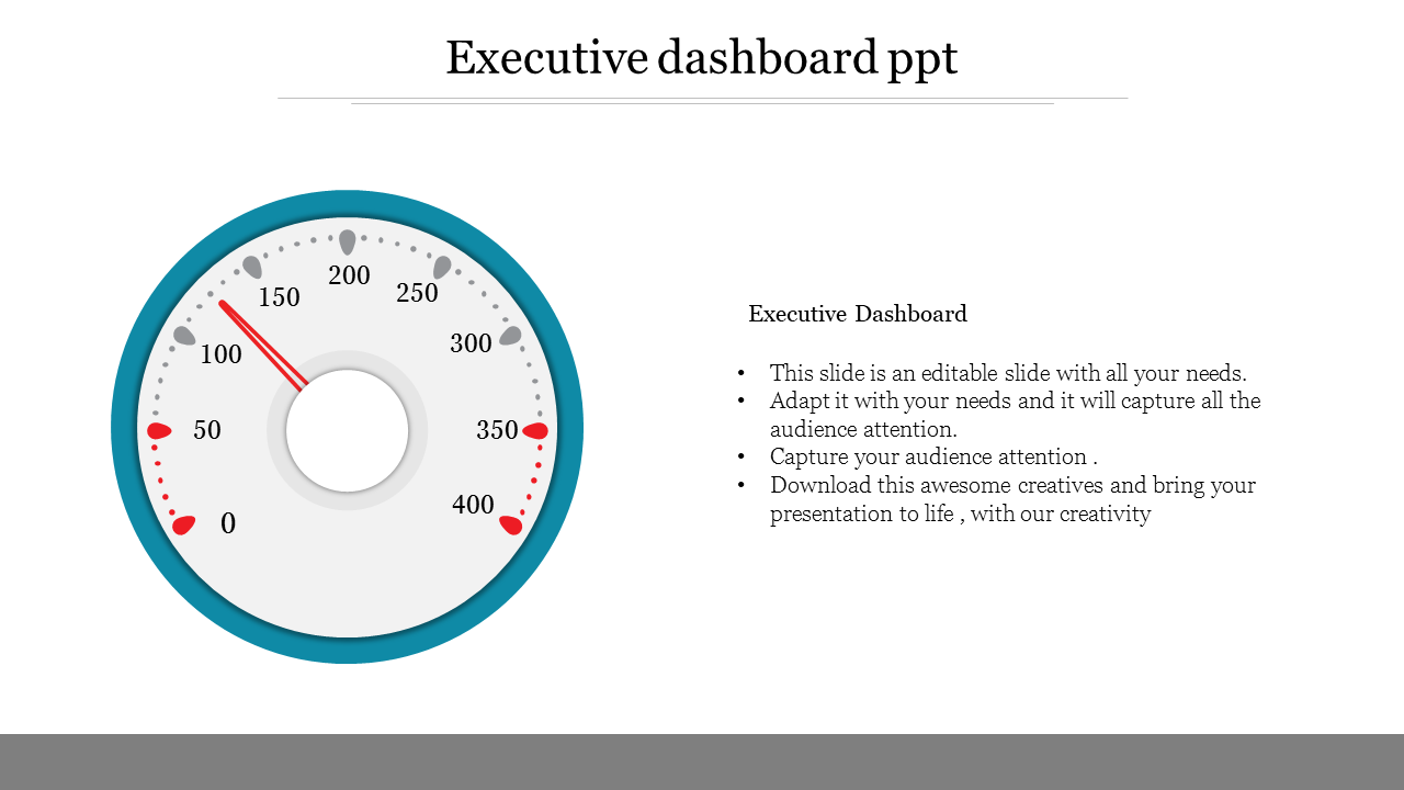 An executive dashboard gauge slide with the needle positioned at 100, showing different measurement levels on the scale.