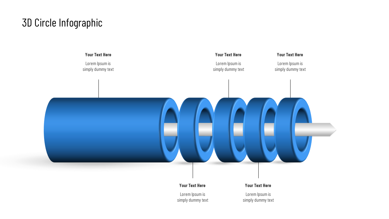Layered 3D infographic showing a circle divided into four blue segments with captions areas.