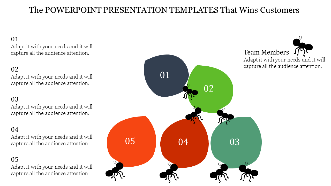 Illustration of team members represented by ants working together on numbered shapes with five colourful blobs.