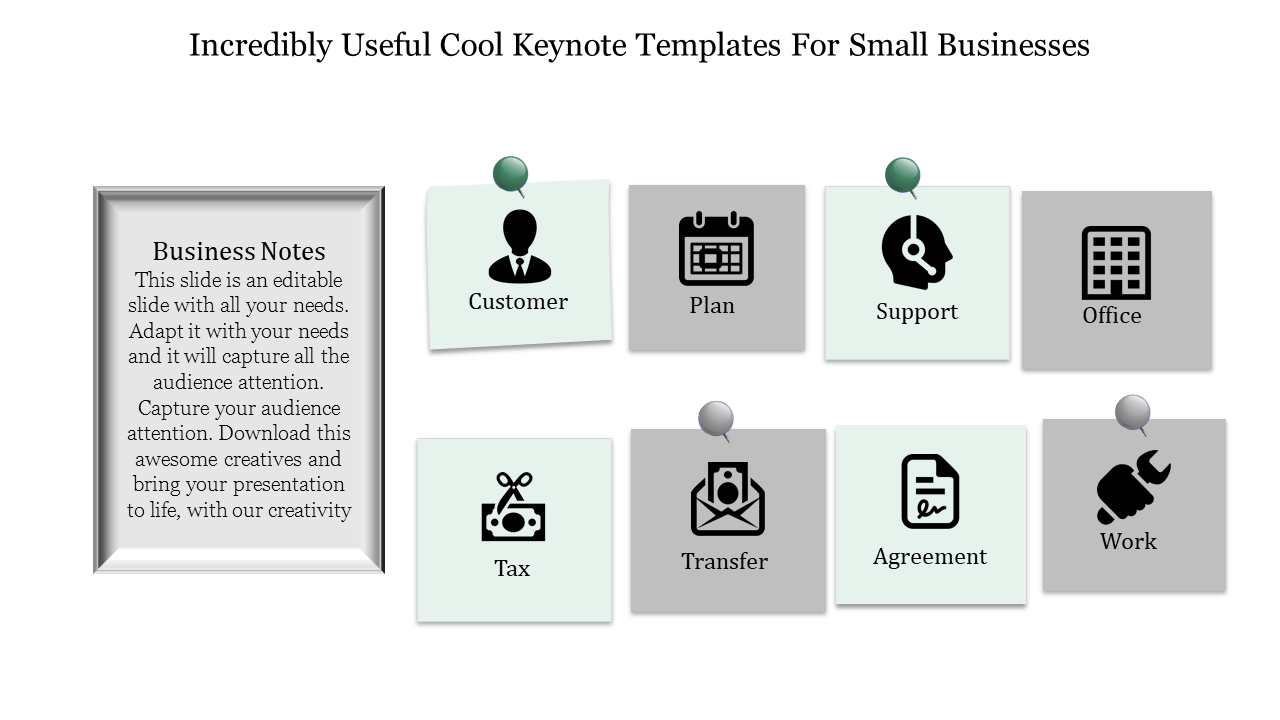 Keynote template featuring a framed note section and eight square icons representing various business aspects.