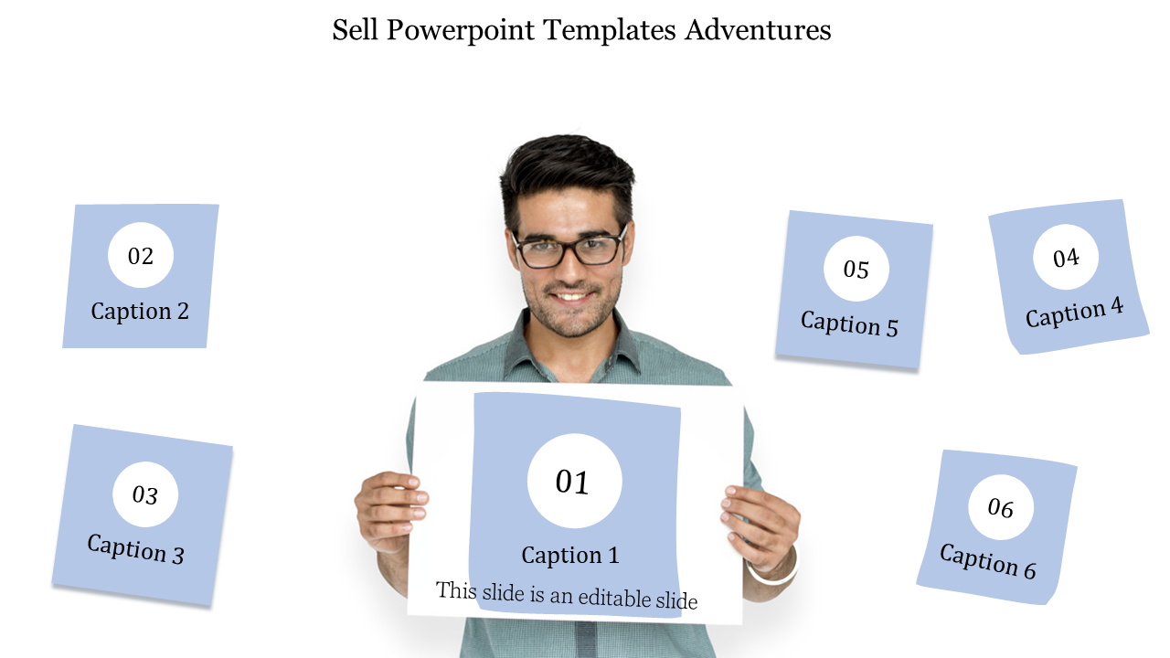 Person holding a large sign surrounded by floating blue squares labeled with additional captions for selling adventures.
