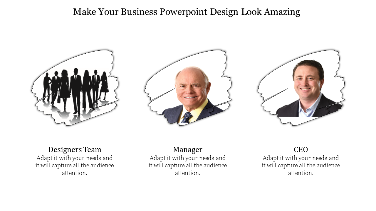 Three-part slide featuring black silhouettes of a business team, a bald manager in a suit, and a smiling CEO.