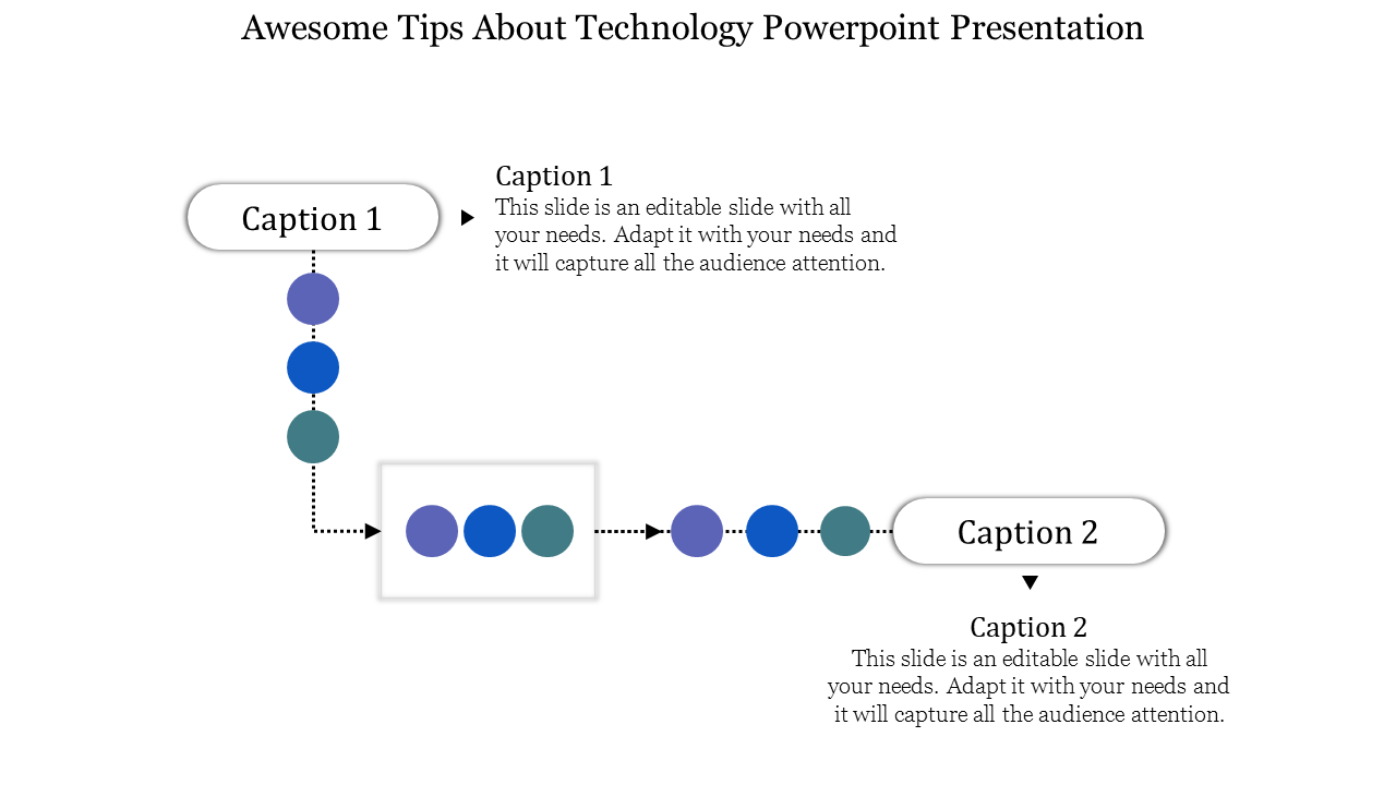 Flowchart with circular nodes moving vertically from Caption 1 to horizontally aligned Caption 2 in a white backdrop.