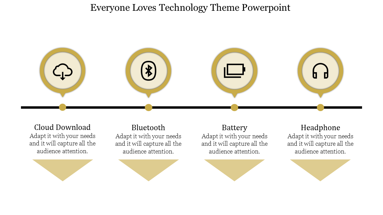 Technology PowerPoint slide with icons for cloud download, Bluetooth, battery, and headphones with placeholder text.