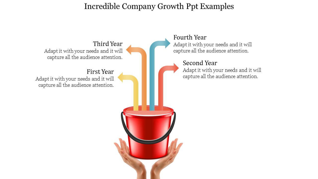 Company growth slide with a red bucket held by hands and arrows in yellow, orange, red, and blue pointing upwards to years.