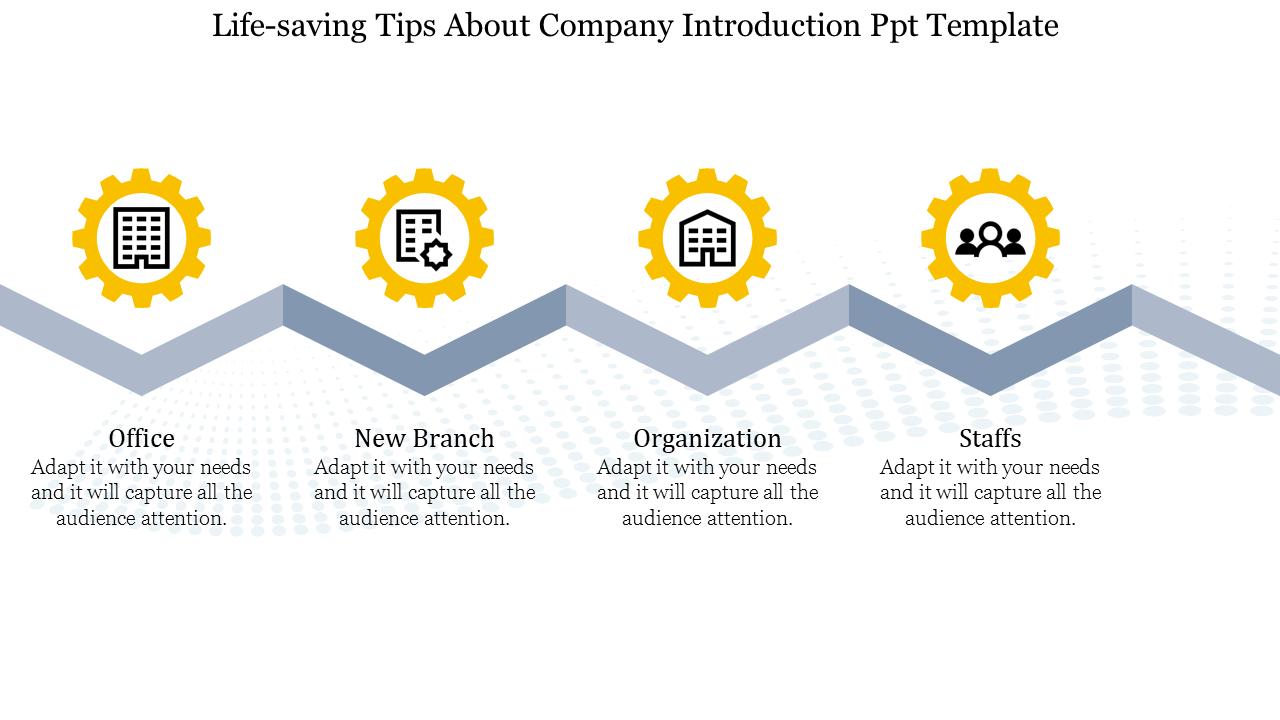 Company introduction template with four yellow gear icons along a zigzag path, each labeled with office related terms.