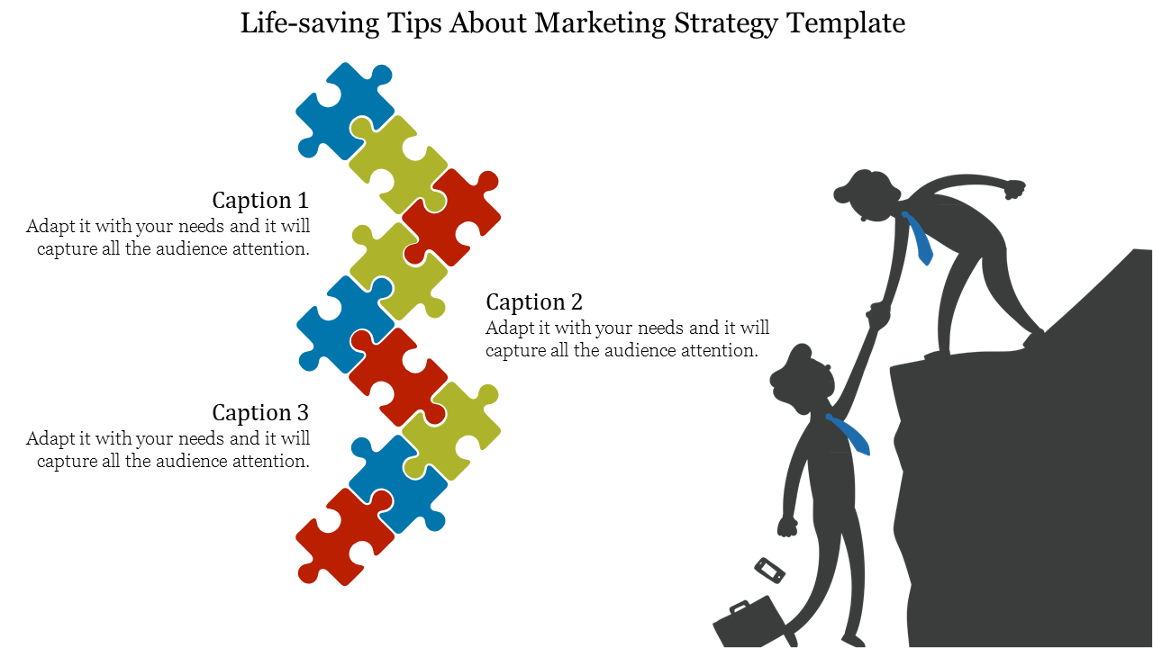 Marketing strategy slide features colorful puzzle pieces and two silhouetted people with captions.