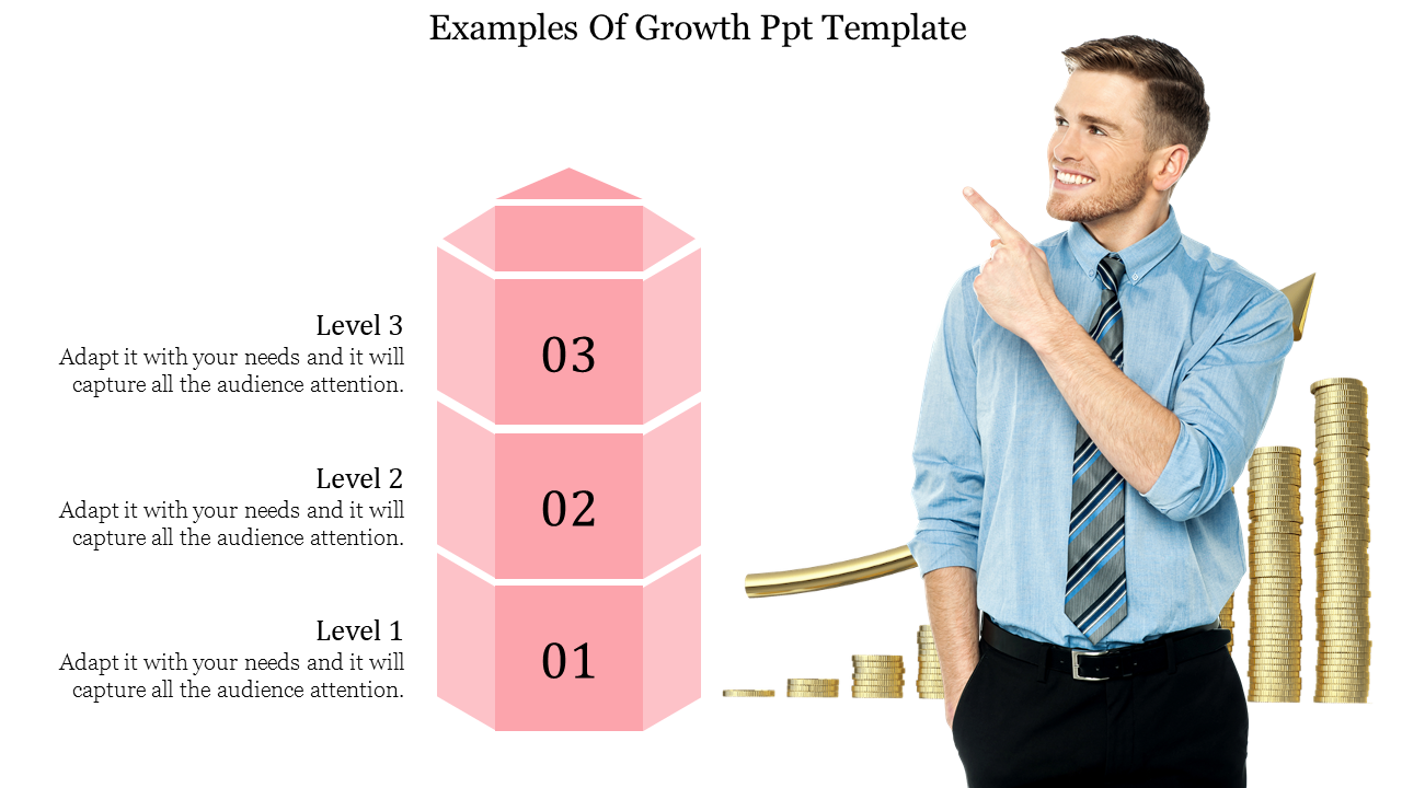 Three tiered pink pyramid labeled 01 to 03, and a smiling man pointing at it, with stacked coins in the background.