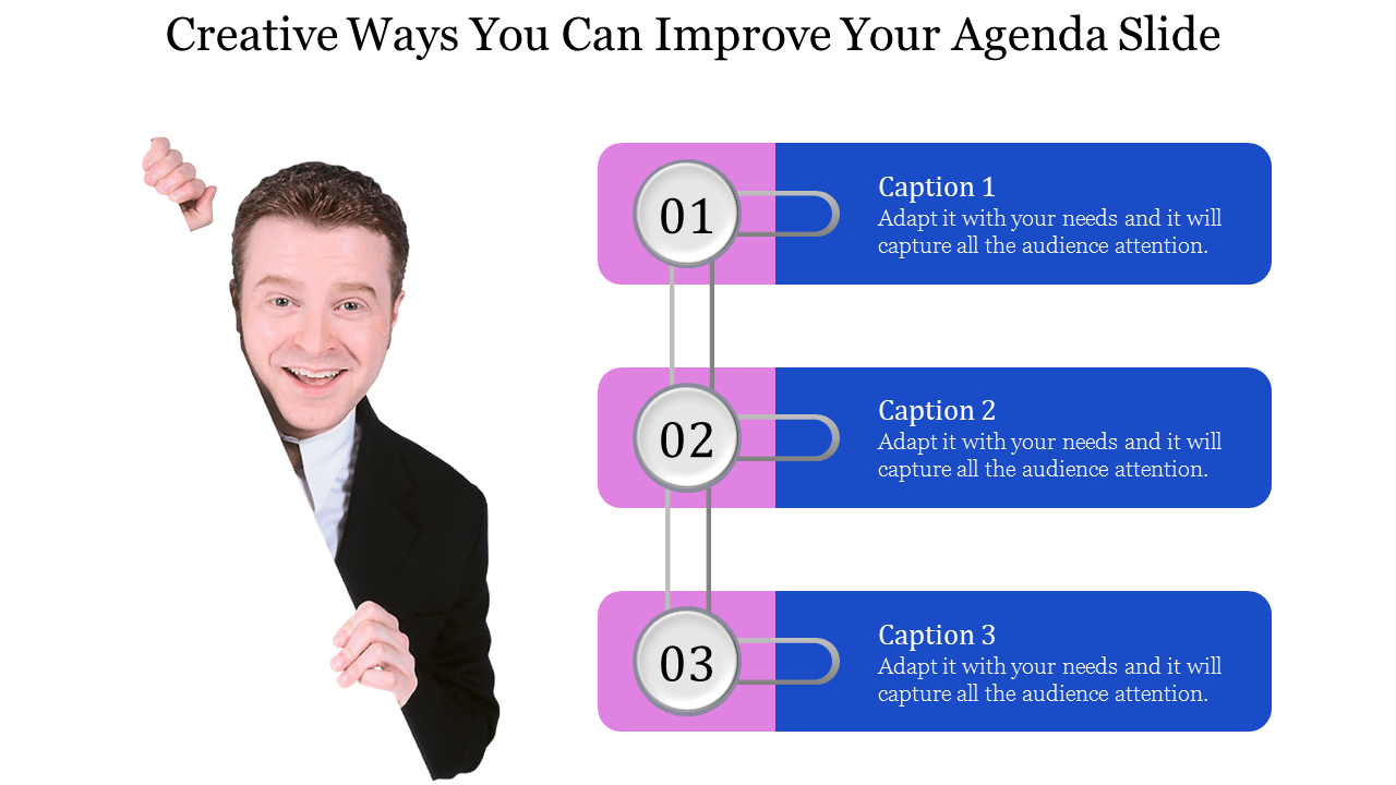 Business agenda slide with three horizontal blue captions numbered 01 to 03 on the right, and a man peeking from the left.
