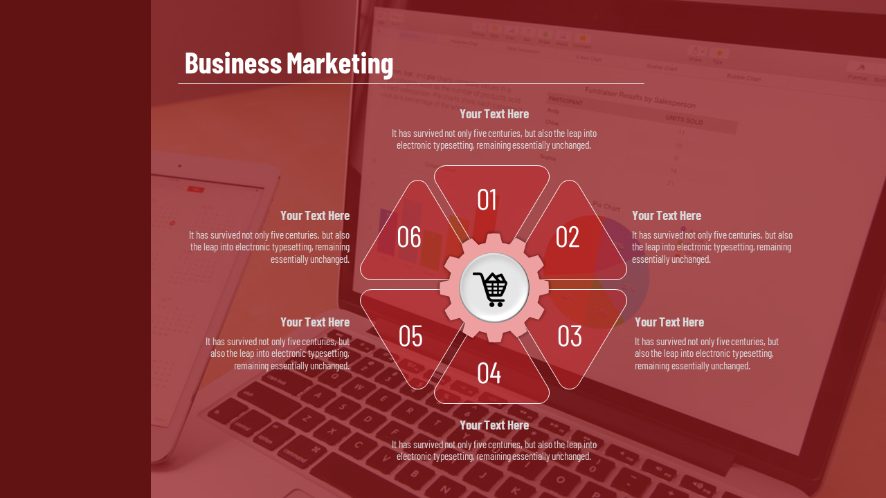 Business marketing PowerPoint slide with a gear and shopping cart diagram, surrounded by numbered text boxes.