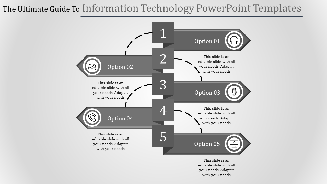 Case study slide with a white section displaying six blue arrow buttons and placeholder text areas.