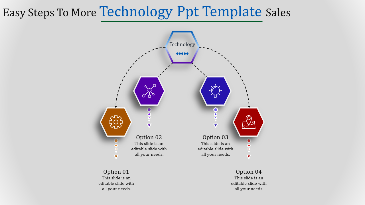 Technology PowerPoint template with colorful hexagonal icons representing steps for sales success and options.