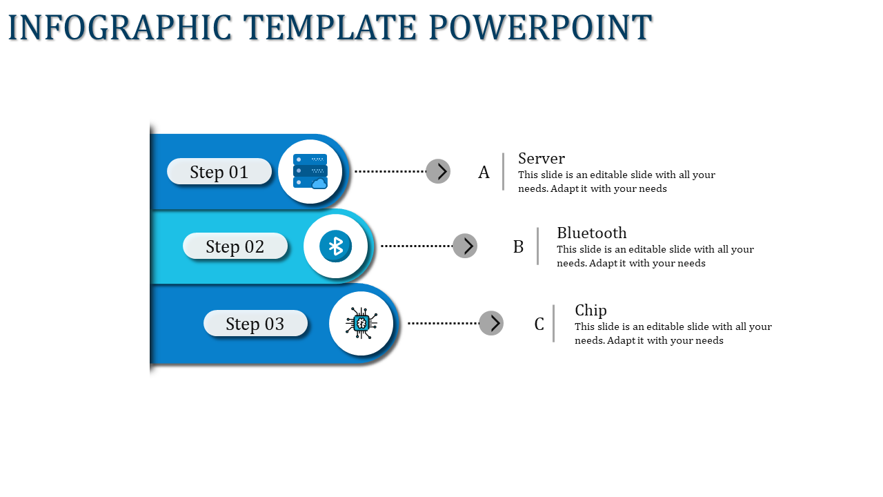A step by step blue infographic slide showing three steps with corresponding icons and placeholder text.