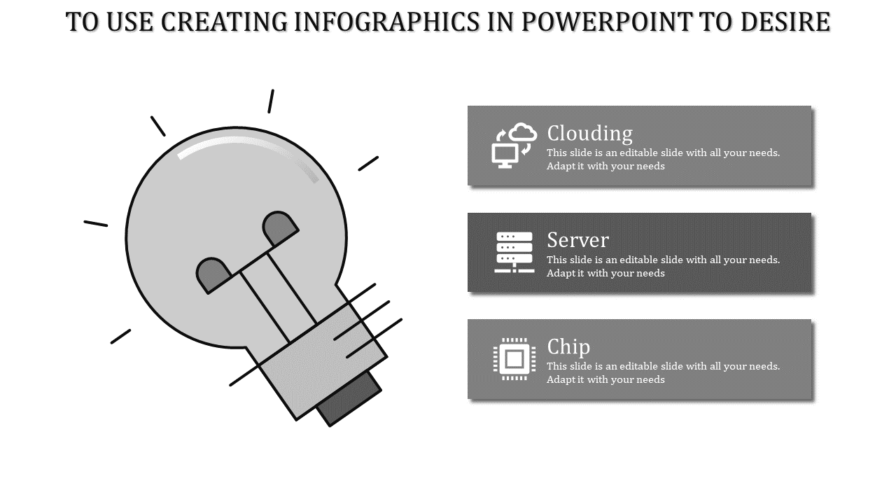 Infographic PPT slide featuring a grey lightbulb icon with captions for clouding, server, and chip topics with icons.