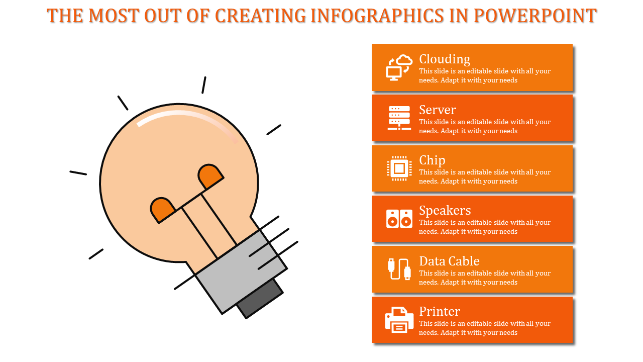Blue themed infographic with a light bulb image and six tech-related blue boxes organized vertically with icons and labels.