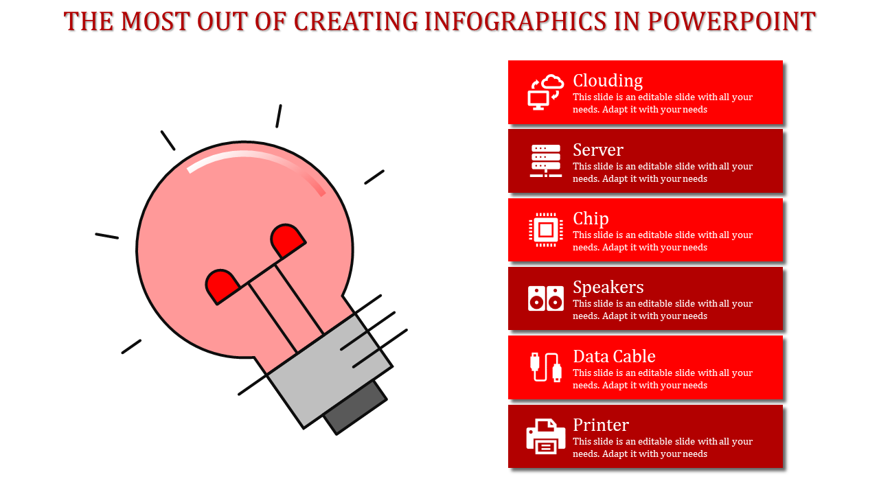 Infographic slide with a lightbulb graphic and red color sections from Clouding to Printer with icons and placeholder text.