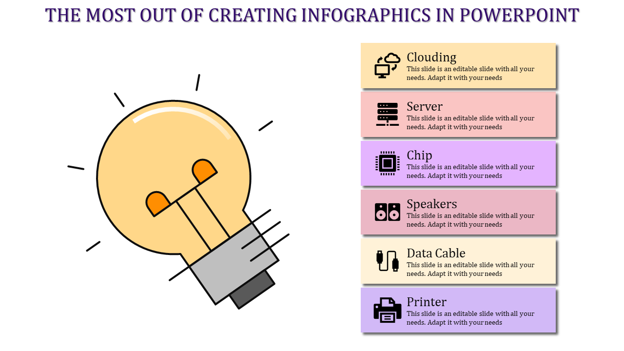 Infographic slide with a lightbulb graphic and colorful sections from Clouding to Printer with icons and placeholder text.